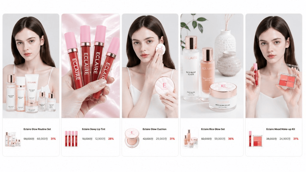 ECLAIRE 특가 상품 — Glow Routine Set, Dewy Lip Tint, Glow Cushion, Rice Glow Set, Mood Make-up Kit